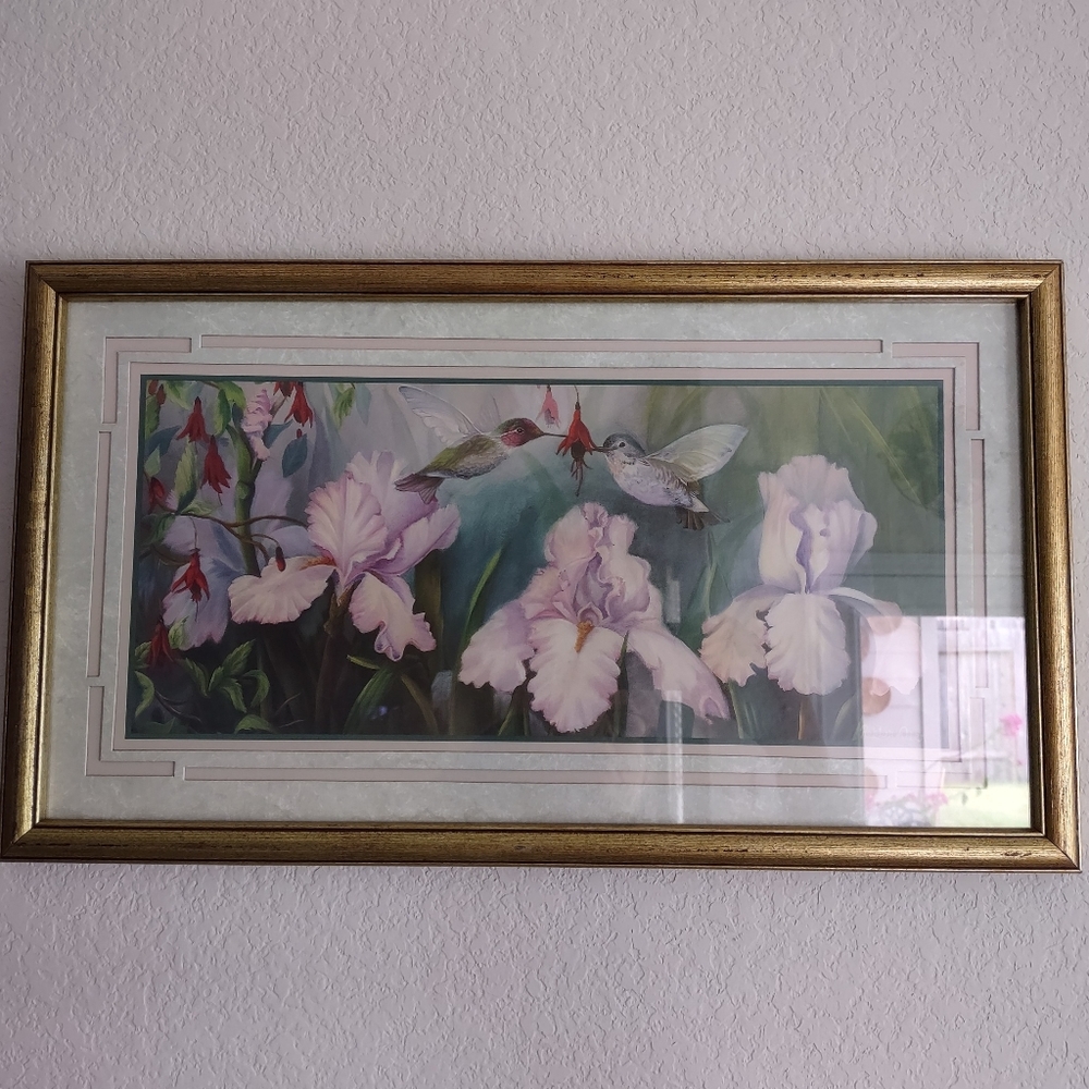 Hummingbirds & Iris Flowers Art print by Robbin Allen Framed Matted 23" x 13.5"